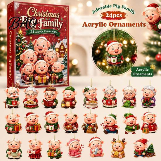 Holiday Tree Hanging Charms Piggy Family Advent Calendar, 2D Flat Acrylic 24 Days Christmas Ornaments Ornaments, Decorative Countdown Gift Box