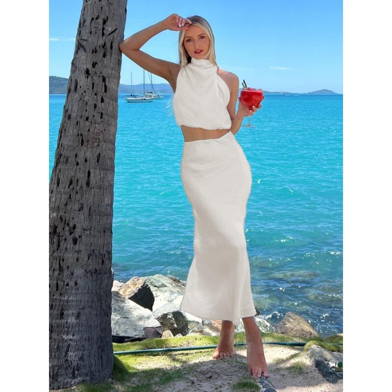 Summer Women's Sexy Bib Top Draped Halter Long Skirt Casual Fashion Suit Women's Evening Dresses