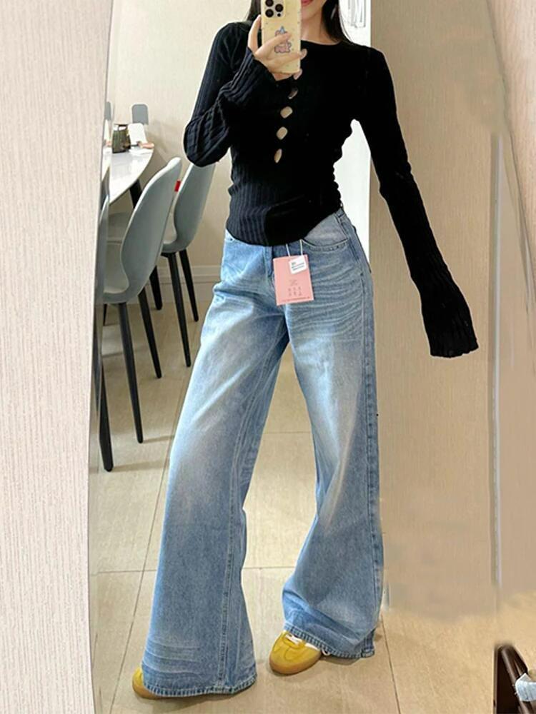 Plus Size High Waist Washed Wide Leg Jeans - Women's Slimming, Floor-Length, Straight Fit