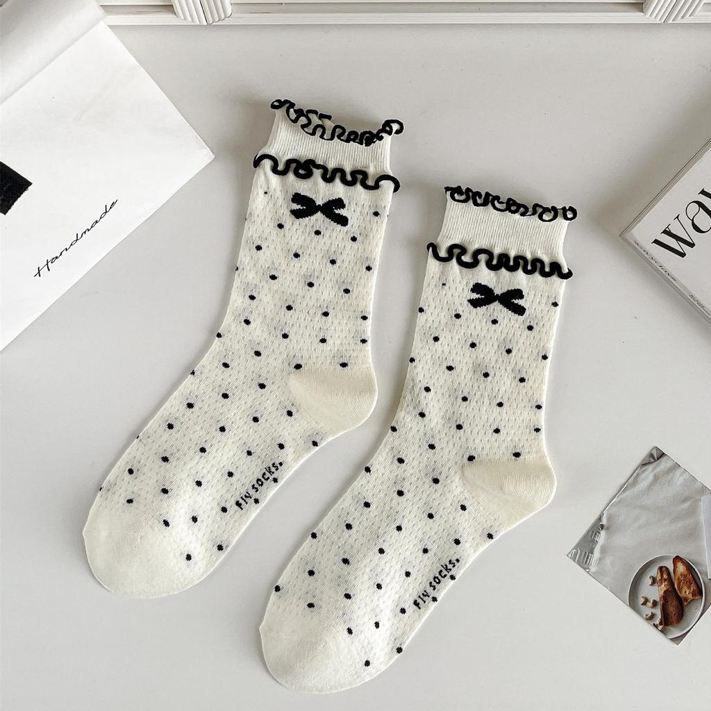 Bow Socks For Women Mid-Season Tube Socks Thin Sweat-Absorbing Stockings Black And White Versatile Trendy Socks