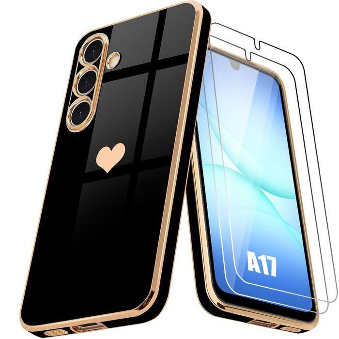 Protective Case - BOOLING - for Samsung Galaxy A17 4G/5G - Soft Black Heart Pattern - 2 Tempered Glasses