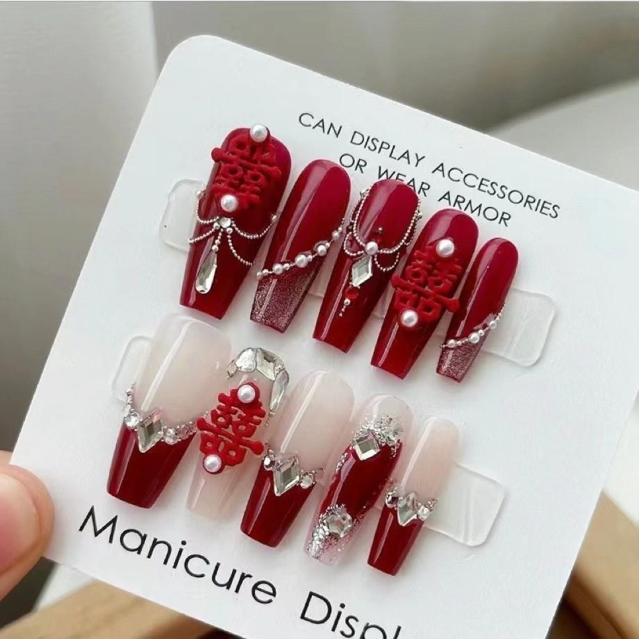 100% РУЧНАЯ РАБОТА Длинные накладные ногти в форме гроба Свадебный стиль красные атмосферные накладные ногти, съемные новогодний маникюр Набор накладных ногтей с клеем