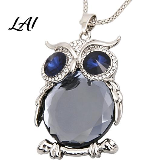 Gift for Mom And Friends Faux Crystal Owl Pendant Necklace Women Long Blue Sweater Chain Fashion Alloy Jewelry Accessory Daily Wear & Decoration