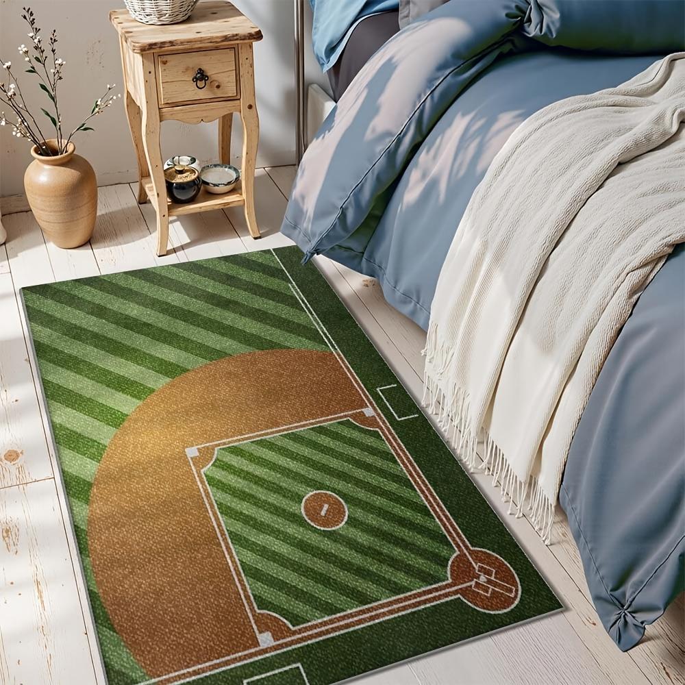 Baseball Field Game Area Rug Realistic Sports Court Striped Grass Print Non‑slip Soft Washable Boys Bedroom Play Carpet