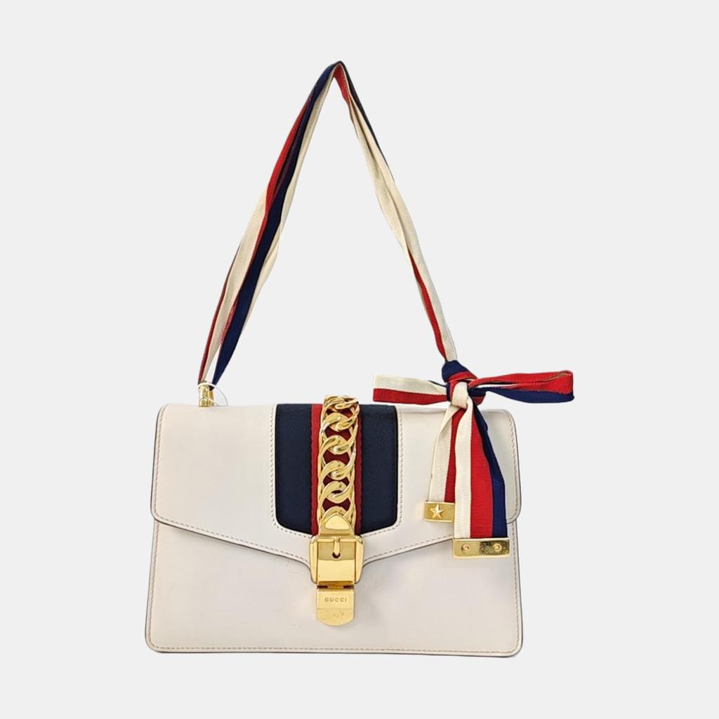 [Pre-Owned] Sylvie Gold Buckle Striped Web Satin Bow Wide Shoulder Strap Leather Handbag - Good #ECHIWD