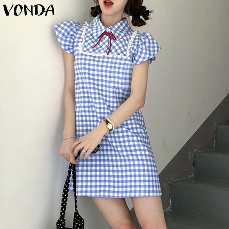 VONDA Summer Women Lapel Neck Sleeveless Plaid Print Casual Loose Dress Sundress