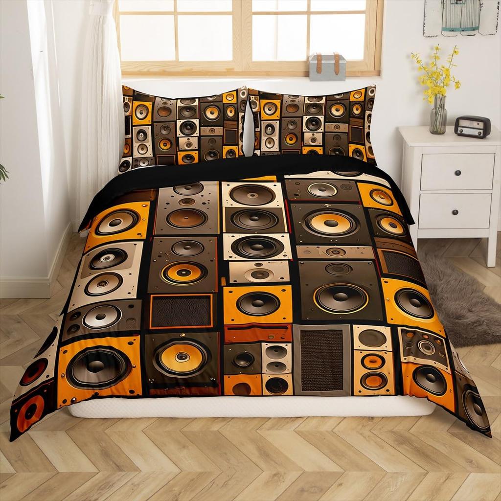 Cartoon Black Record Duvet Cover Set Retro Record Comforter Cover for Boy Girl Music Theme Bedding Set Queen King Duvet Covers