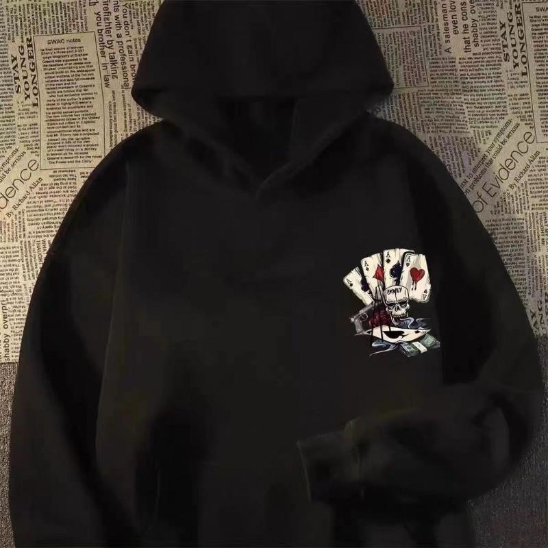 Осенний мужской пуловер худи оверсайз толстовка модный свободный принт скелета покер длинный рукав парная одежда