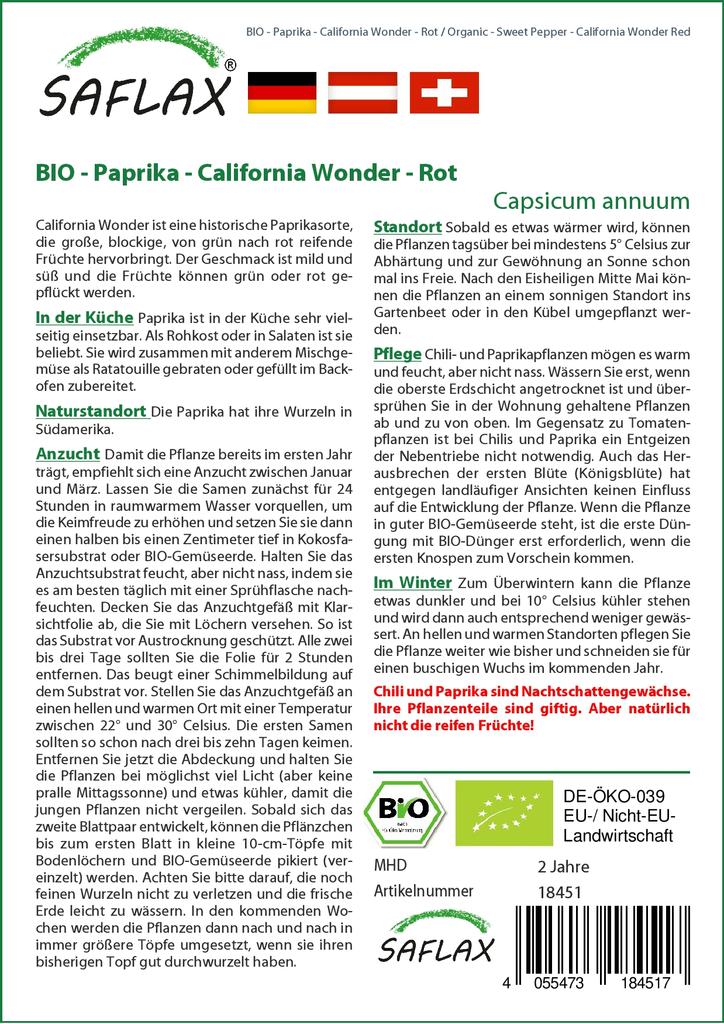 SAFLAX Organic - Sweet Pepper - California Wonder Red - 20 Seeds - Capsicum Annuum