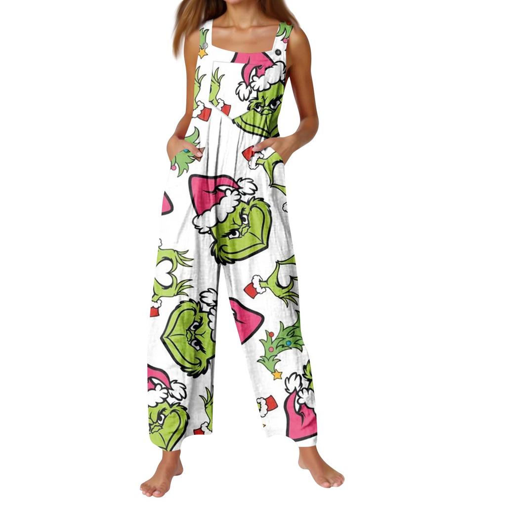 Women's Fashion Christmas Print Casual Retro Sleeveless Button Jumpsuit