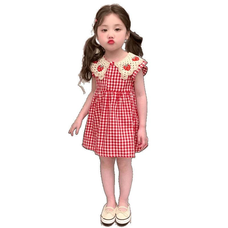 Girls Summer Checkered Dress with Strawberry Print and Polo Collar