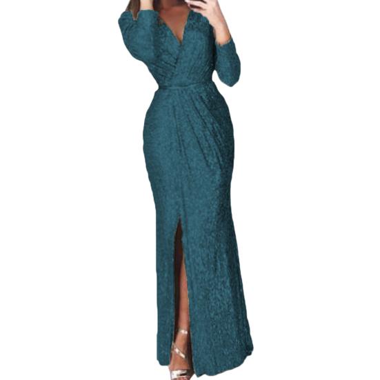 Женское вечернее платье с глубоким V-образным вырезом, декором из пайеток, длинными рукавами, эластичным поясом, плиссированным разрезом по низу, однотонное, для торжественных случаев, свадебных вечеринок, выпускного вечера, макси-платье