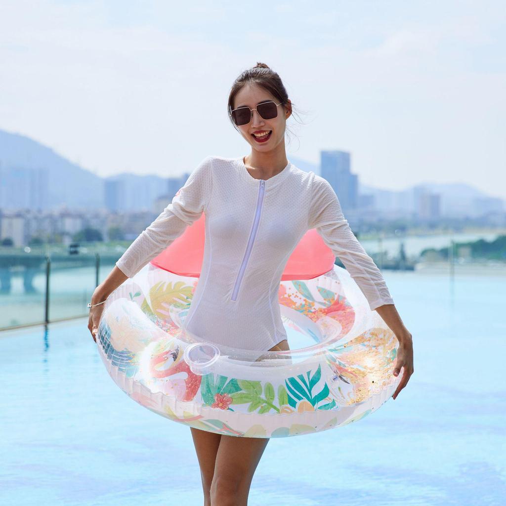 Плавательный круг со спинкой в виде фламинго с пайетками большого размера, с подстаканником и ручками