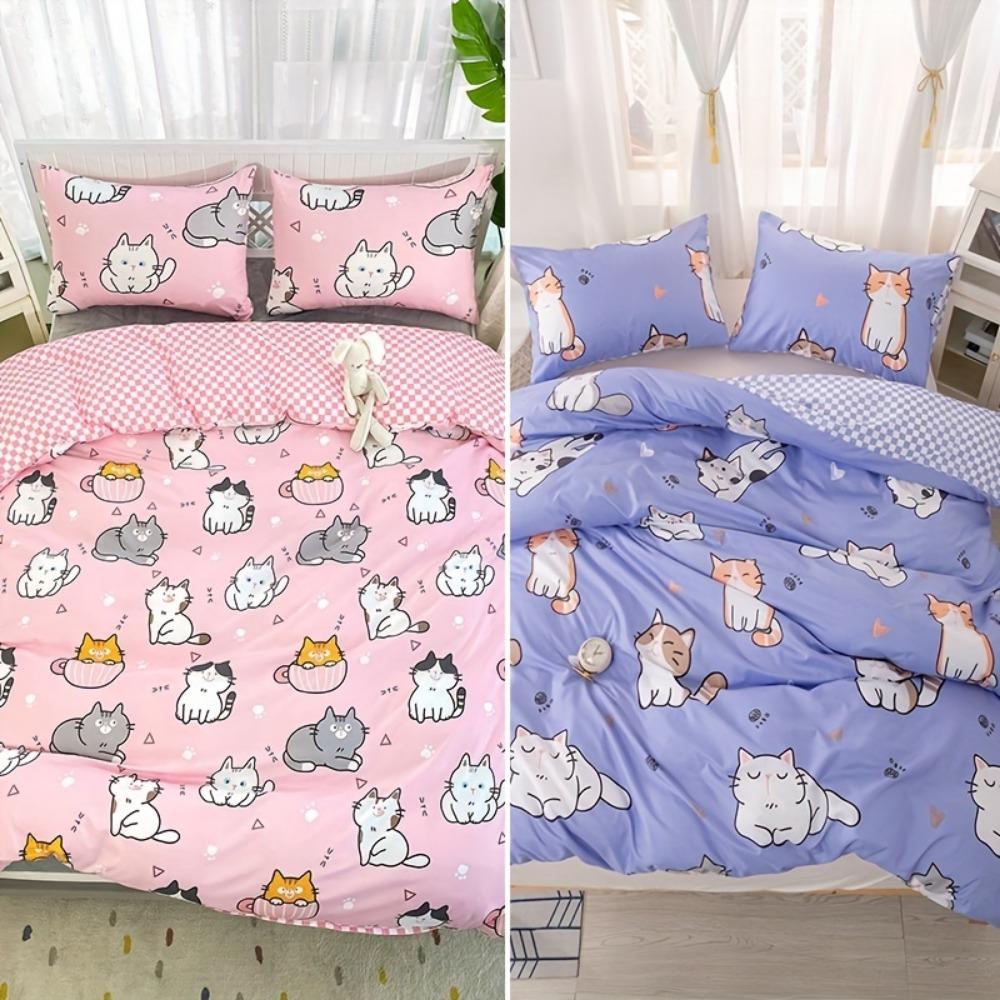 3pcs Blue Pink Black Bedding Set Cute Dog Cat Print Cozy Soft Duvet Cover King Queen Twin Size Birthday Gift Girls Bedroom Decor