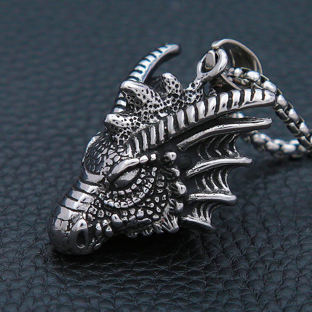 Vintage Vikings Dragon Pendant Necklace Mens 316L Stainless Steel Animal Head Biker Necklaces Punk Dragon Pendant Jewelry Gifts