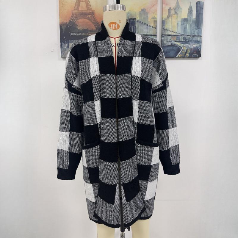IHUASU Women's Jacket Loose Plaid Colour Block Knit Cardigan Fashion Sweater