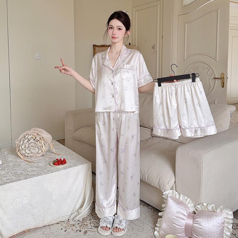 Pajamas women's spring summer cool ice silk sweet girl print short sleeves shorts trousers three-piece loungewear