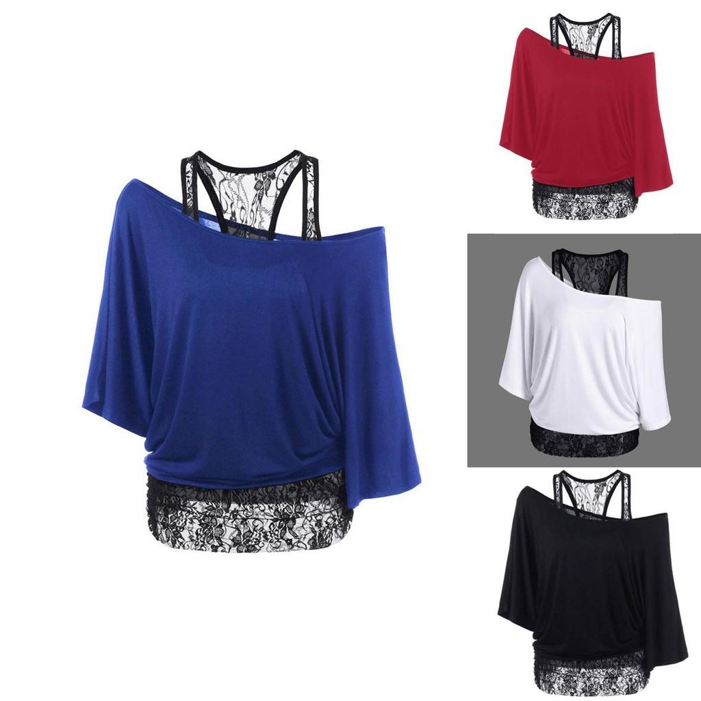 Size Women Plus Loose Vest Lace Stitching Oblique Collar Bat Tshirt Fashion