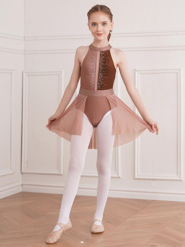 Детский сетчатый танцевальный купальник с открытой спиной для катания на коньках, балета, танца, гимнастики, сценического танцевального костюма для соревнований
