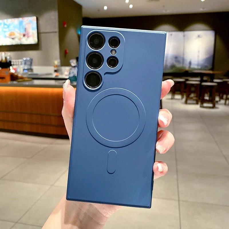 Original Liquid Silicone For Magsafe Magnetic Wireless Charge Case For Samsung S25 S24 S23 S22 Ultra Plus Square Protector Cover