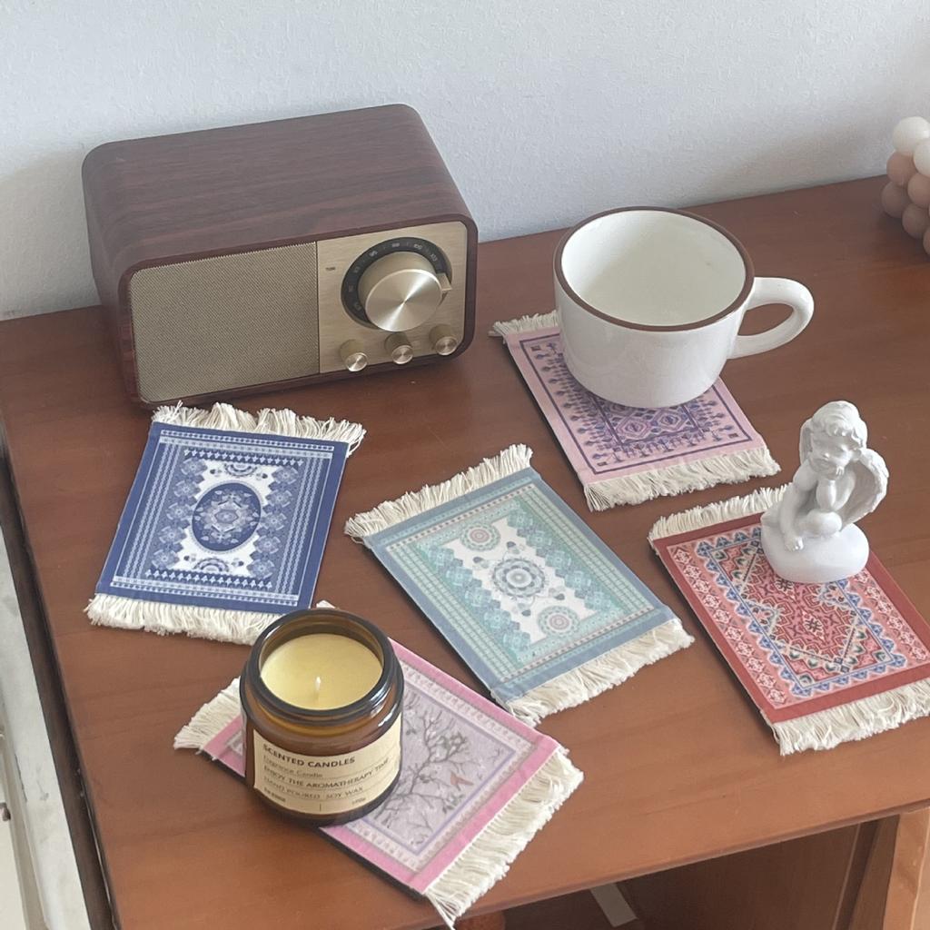 Persian Mini Woven Rug Mat Mousepad Retro Style Carpet Pattern Cup Laptop PC Mouse Pad with Fring Home Office Table Decor Craft