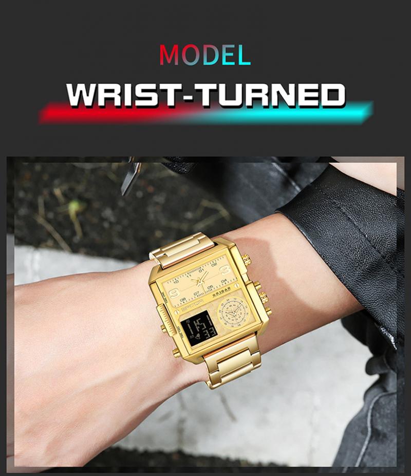 Dual Display Square Digital Men's Watch Fashion Square Electronic Wrist Watch Cool Stainless Steel Luminous Watch Dropship