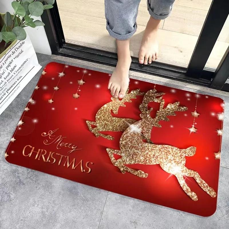 Christmas Themed Door Mat With Festive Patterns Bells Reindeer Sleigh NonSlip Durable Entrance Rug Indoor Outdoor Home Decor
