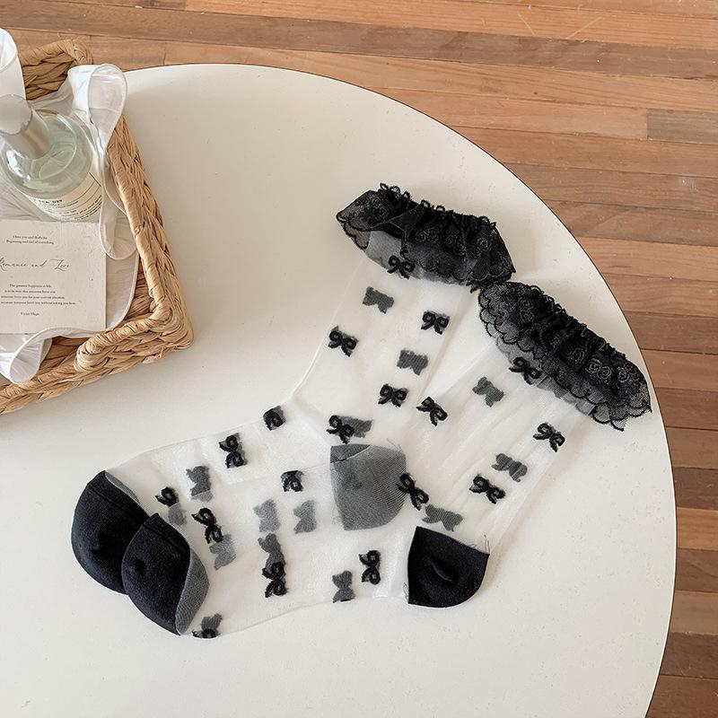 3-6pcs Glass Stockings Children's Spring and Summer Thin Lace Lace Lace Mid Tube Socks Sweet Bow Polka Dots