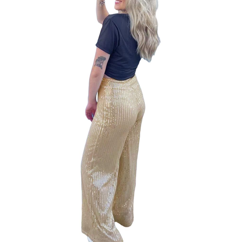 Women Wide Leg Pants, Elegant Shiny Sequined High Waist Loose Trousers for Club Party