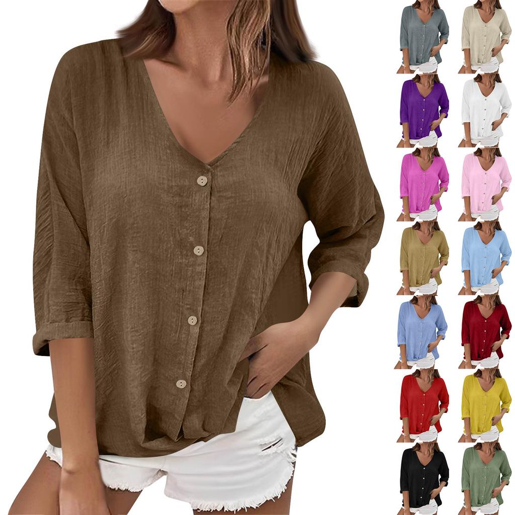 Women's Fashion Casual Solid Color V-Neck Live Button Seven Sleeve T-Shirt Top