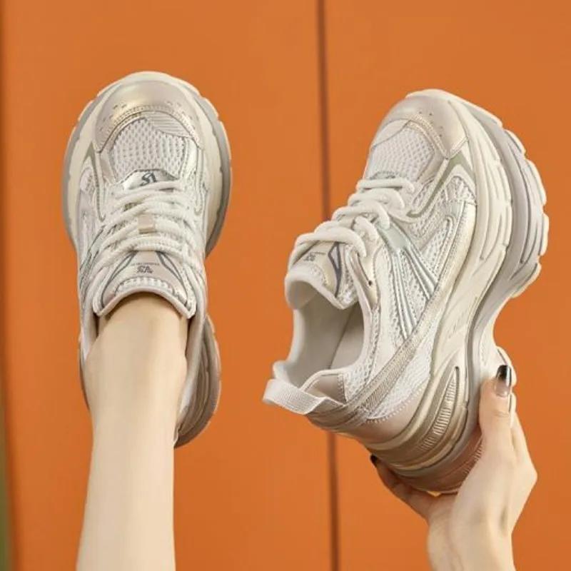 Модные 10 см Новые Синтетические Микрофибровые Кожаные Массивные Кроссовки Ботильоны Женские Удобные Весенне-Осенние Вулканизированные Смешанные Цвета Модная Обувь