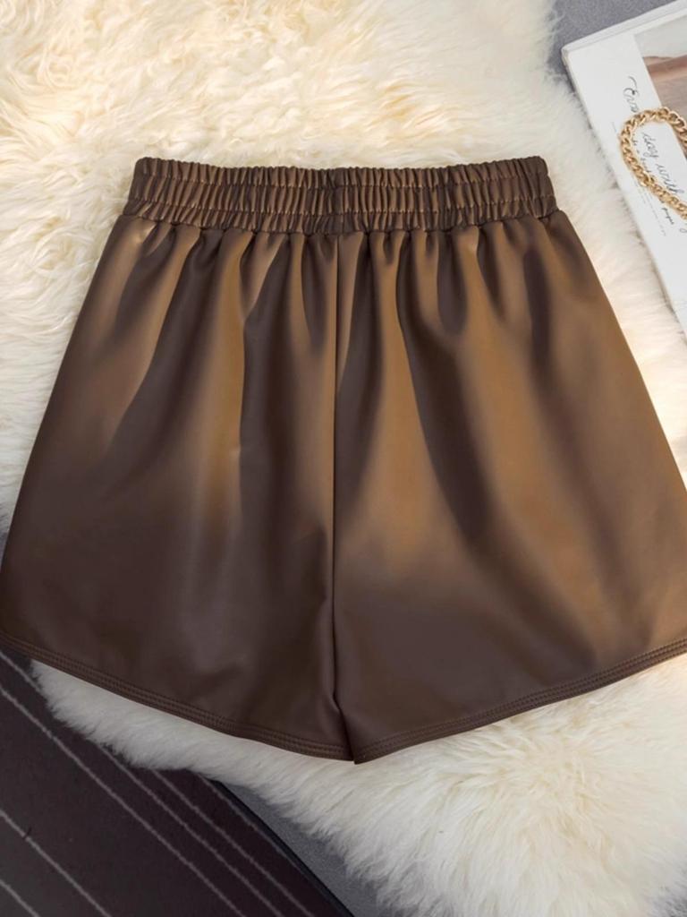 Женские шорты А-силуэта из искусственной кожи с высокой талией на осень/зиму 2023 года — облегающие, модные широкие брюки-ботфорты