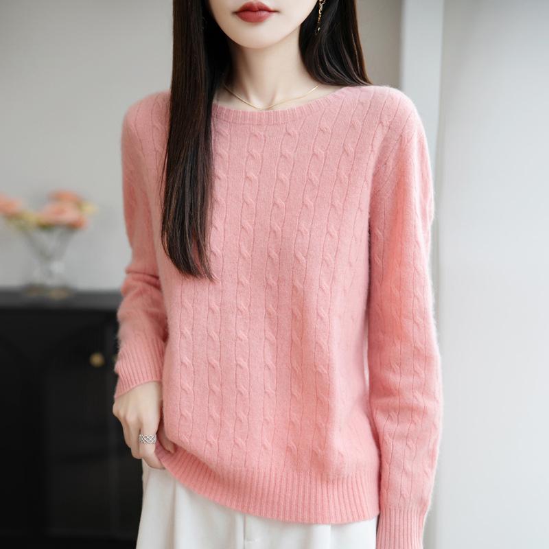 Women's Cable Knit Round Neck Pullover Sweater - Long Sleeve Knitwear for Autumn and Winter