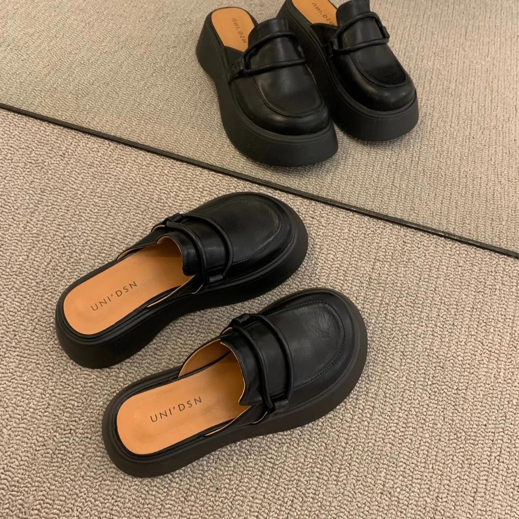 Модные женские тапочки, мюли в британском стиле, высокие сандалии из искусственной кожи, женские полутапочки с толстой подошвой, летние женские мокасины