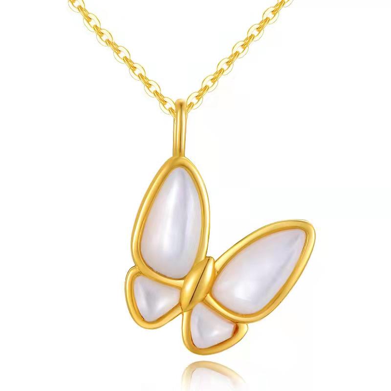 18K Gold White Shell Butterfly Pendant Fritillary Ladies Simple AU750 Pendant Necklace