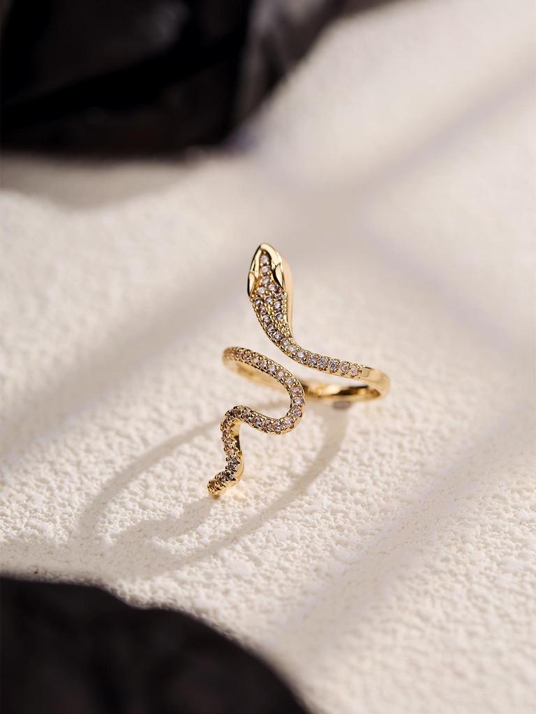 European & American Style Adjustable Copper Ring with Micro-Inlaid Sparkling Zircon and Serpent Design