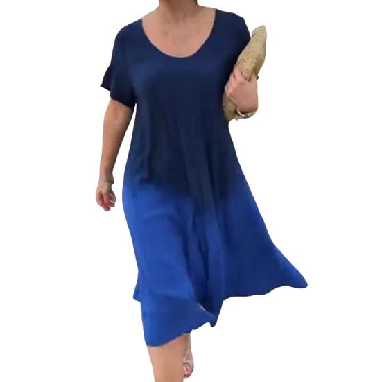 Женское платье миди с круглым вырезом и коротким рукавом, градиентного цвета, длиной до середины икры, повседневное платье свободного кроя из мягкой легкой ткани