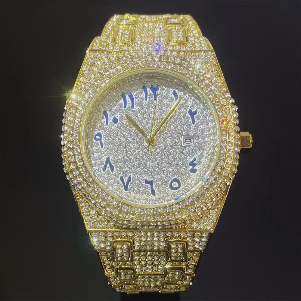 New Arab Number Watch For Men Luxury Fully Diamond Bling Mens Quartz Watches Fashion Iced Out Silver Waterproof Male Clock