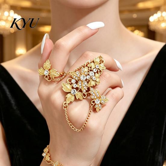Women Hand Jewelry Rhinestone Flower Link Chain Ring, Bling Floral Leaf Full Finger Ring Statement with Chain, Adjustable Open for Girls