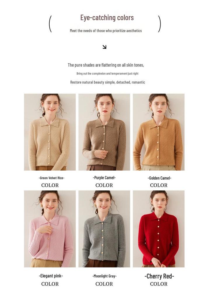 Women's Twist Pattern Polo Collar Wool Cardigan - Autumn/Winter Slim Fit Cashmere Knit Sweater