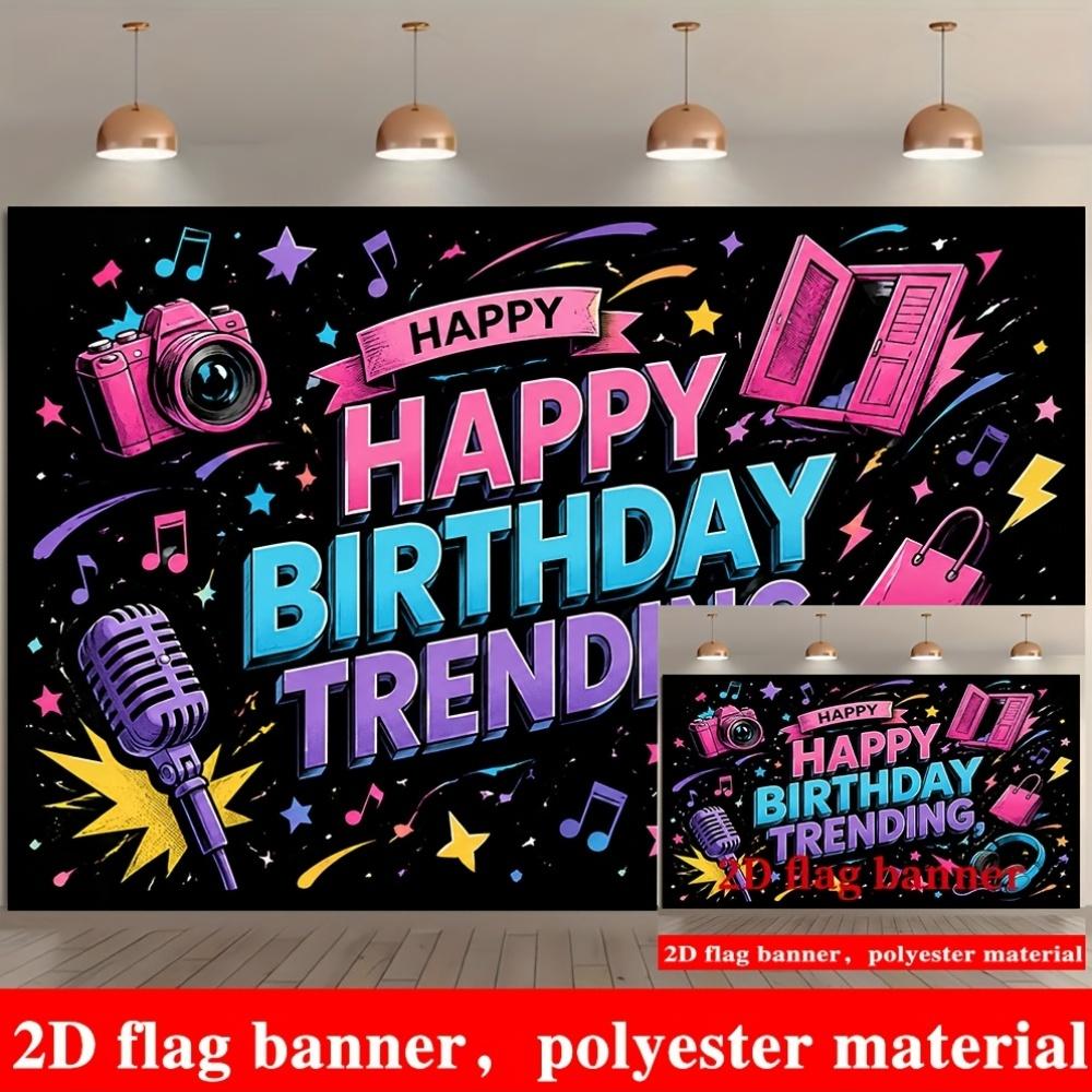 Trendy Happy Birthday Banner Backdrop Microphone Camera Notes Stars