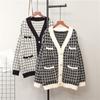 Check Button Cardigan Sweater Cardigan Women Loose Pocket V-neck Long Sleeve Knitted Cardigan Jumpers Female Autumn Winter