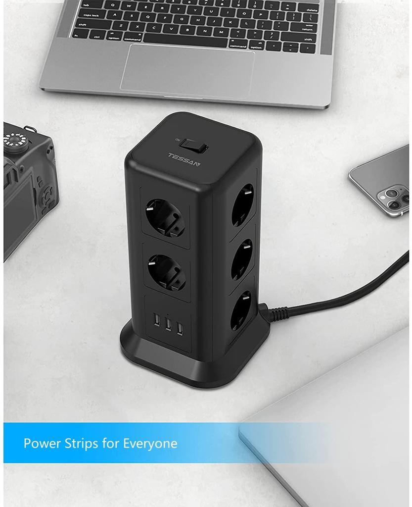 Tessan Удлинитель с несколькими розетками, 11-контактная башня с розетками (2500 Вт/10 А) с 3 USB-портами (5 В/3,1 А) и кабель 2,0 м для дома и офиса