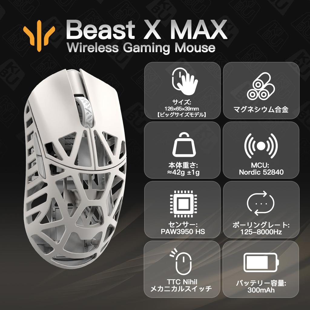 WLMOUSE Beast X Max Беспроводная игровая мышь 8 кГц, магниевый сплав 42 г, сенсор PAW3950, большой размер, японская, P2, белая, Частота, Конструкция, Легкая,