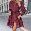 Fall Spring Women Dress Round Neck Lace Applique Long Sleeves Button-down Lace-up Strap Slim Waist A-line Big Hem Dating Party Midi Dress