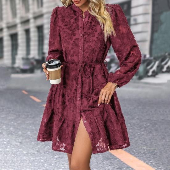 Fall Spring Women Dress Round Neck Lace Applique Long Sleeves Button-down Lace-up Strap Slim Waist A-line Big Hem Dating Party Midi Dress