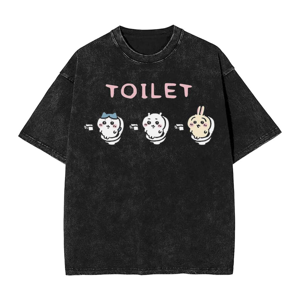 Chiikawas Hachiware Usagi on the Toilet Potty Poop Pooping Meme Washed T Shirt Streetwear Hip Hop T-Shirt Tee Shirt for Men