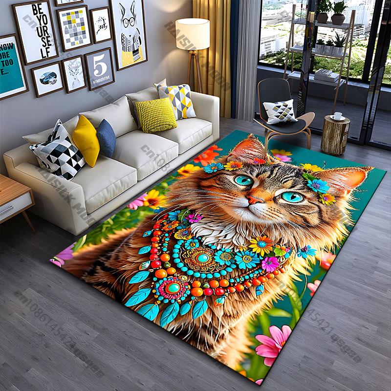 Colorful cat adorned with flowers carpet Yoga living room room decor children's crawling mat doormat area rug games mat