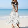 Women's Casual Fashion Print Long Dresses V-Neck Short Sleeve Dresses