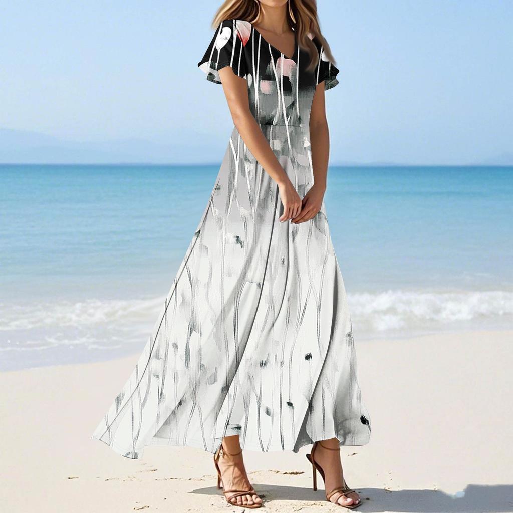 Women's Casual Fashion Print Long Dresses V-Neck Short Sleeve Dresses